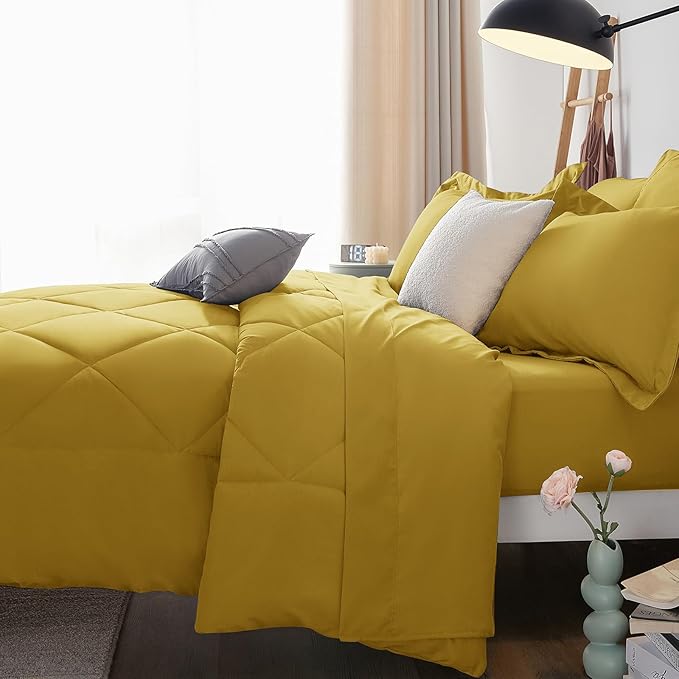CozyLux Queen Comforter Set Mustard Yellow - Bed in a Bag Queen Size 7 Pieces, Luxury Soft Bed Set for All Seasons, Bedding Set with Down Alternative Comforter, Sheets, Pillowcases & Shams