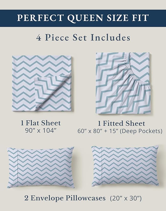 LANE LINEN 100% Organic Cotton Sheets Queen, 15" Deep Pocket Queen Sheets Fits Upto 15" Mattress, Soft & Comfy Fade Resistant Printed Sheet Set - Cool Blue Chevron