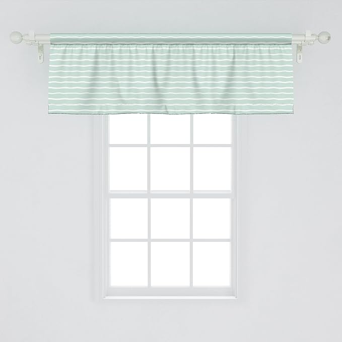 Ambesonne Pastel Window Valance, Horizontal Wavy Lines White Striped Abstract Soft Toned Nautical Art Display, Curtain Valance for Kitchen Bedroom Decor with Rod Pocket, 54" X 18", Almond Green White