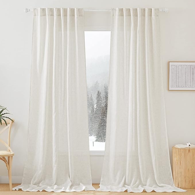 RYB HOME Semi Sheer Curtains 102 inches Long, Back Tab Light Filtration Half Privacy Window Curtains & Drapes for Bedroom Living Room, Linen, W 52 x L 102 inches, 2 Panels Set