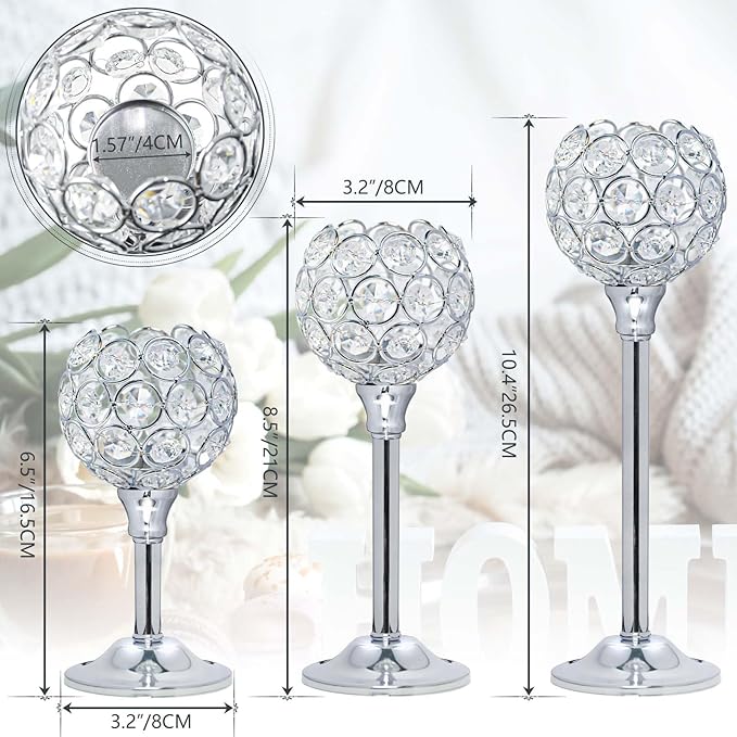 Crystal Metal Tealight Candlestick, Bling Bowl Candelabras, Tall Crystal Votive Candle Holders Elegant Crystal Candle Centerpiece for Dining Table Wedding Decor (Set of 6, Silver)