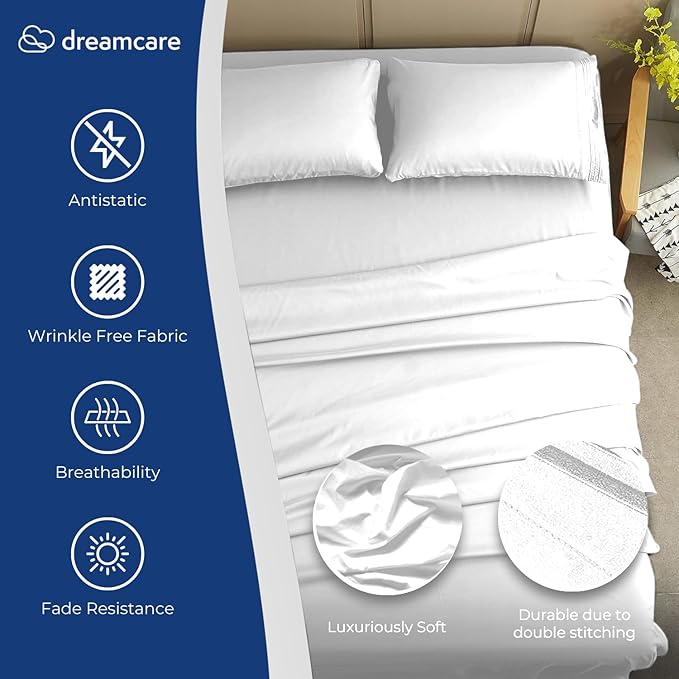DREAMCARE King Size Sheets Set - Cooling Bed Sheets - 4pcs Set - up to 15" Deep Pocket King Sheet Set – Soft & Long Lasting Cooling - 100% Fine Brushed Polyester with Side Pocket - White