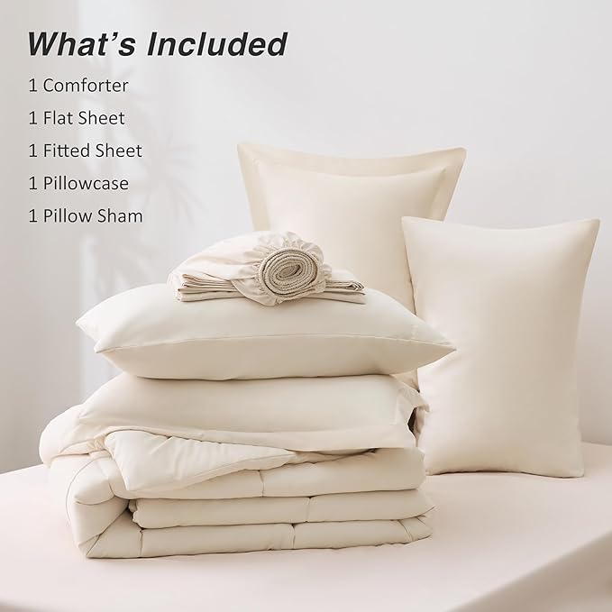 Love's cabin Twin Comforter Set Beige, 5 Pieces Twin Bed in a Bag, All Season Bedding Sets with 1 Comforter, 1 Flat Sheet, 1 Fitted Sheet, 1 Pillowcase and 1 Pillow Sham