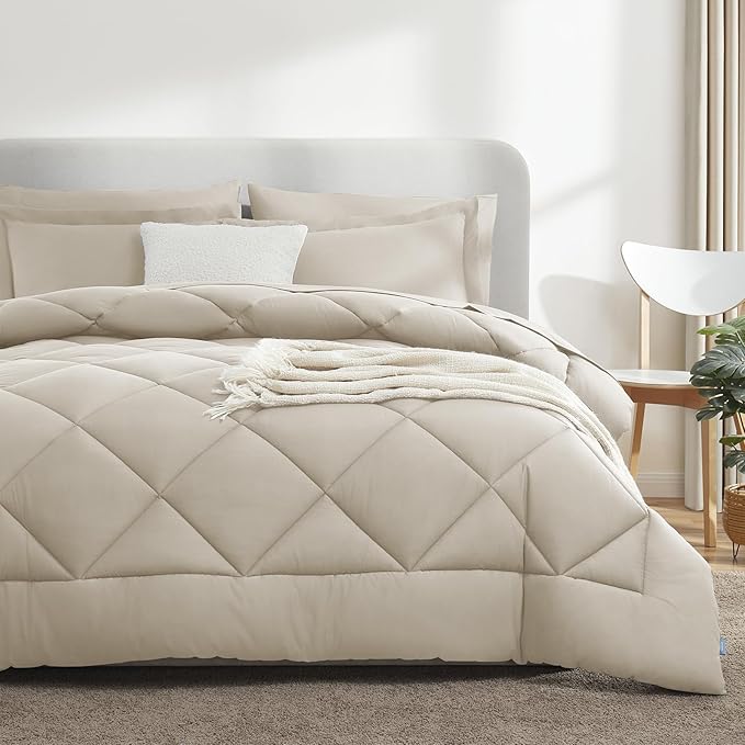 CozyLux Queen Comforter Set Oatmeal - Bed in a Bag Queen Size 7 Pieces, Luxury Soft Bed Set for All Seasons, Bedding Set with Down Alternative Comforter, Sheets, Pillowcases & Shams
