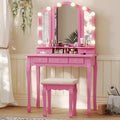 Tiptiper Vanity Desk with Tri-Fold Mirror and Lights, Makeup Vanity with Wood Upholstered Stool, Makeup Desk with 5 Drawers & 8 Jewelry Hooks, Small Vanity, Pink