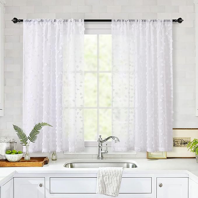 MYSKY HOME White Sheer Short Curtains with Pom Pom for Small Windows Bedroom Nursery Kids Girls Room Curtains Cafe Kitchen Light Filtering Boho Drapes, Rod Pocket,38 x 45 Inches, 2 Panels