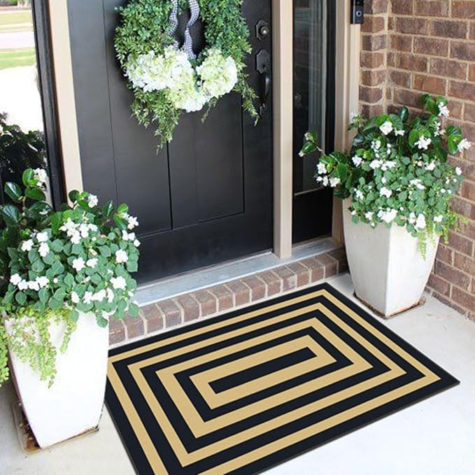 Front Door Mat Indoor Outside Entrance, 2x3 Black Tan Striped Rug | Non-Slip - Image 3