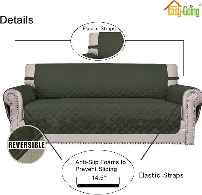 Easy-Going Reversible Couch Cover, 3 Cushion Sofa, Army Green/Beige | Machine - Image 3