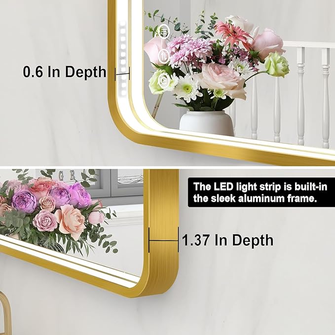 60x36 Inch LED Bathroom Mirror with Lights, Gold Metal Framed LED Mirror for Bathroom, 3 Colors and Stepless Dimmable Wall Mounted Lighted Bathroom Vanity Mirror, Anti-Fog, Memory