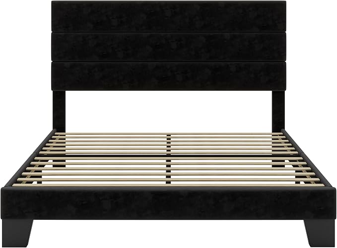 SHA CERLIN Queen Platform Bed Frame with Velvet Upholstered Headboard, Mattress Foundation with Strong Wooden Slats Support, No Box Spring Needed, Black