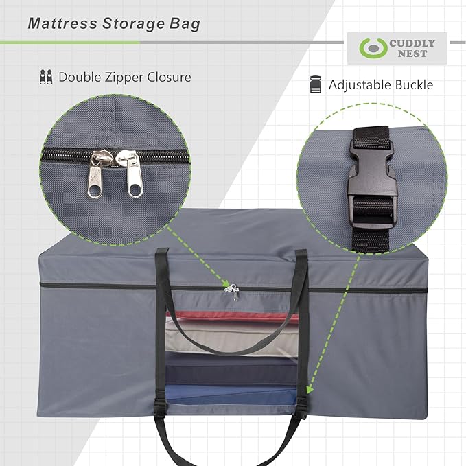 Cuddly Nest Folding Mattress Storage Bag - Heavy Duty Carry Case for Tri-Fold Guest Bed (Fits 4" Queen Mattress,Grey)