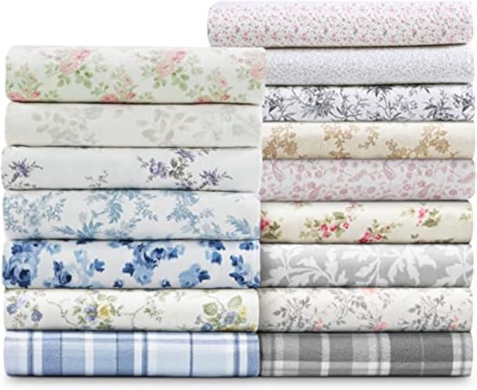 Laura Ashley - Flannel Sheets Twin Size, Anti-Pilling & Wrinkle Resistant Cotton, Touchably Soft for All-Season Comfort - Bed Sheets with Matching Pillowcase & Fitted Sheet (Chelsie Vine Grey)