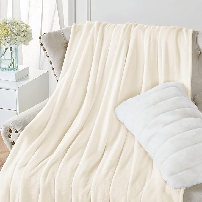 Walensee Fleece Blanket Plush Throw Fuzzy Lightweight (Queen Size 90x90 Cream) Super Soft Microfiber Flannel Blankets for Couch, Bed, Sofa Ultra Luxurious Warm and Cozy for All Seasons