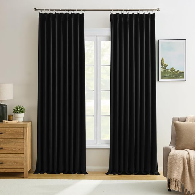 Black Pinch Pleated 60 Inch Wide Curtains 60 x 95, Thermal Insulated Noise by KEQIAOSUOCAI