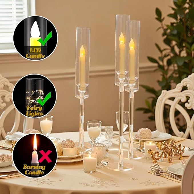 Vincidern 24pcs Taper Candle Holder Acrylic Candlestick Holder Clear Set for Table Centerpiece, Long Candle Stick Candle Stand Cylinder Shade for Halloween, Christmas Wedding Party Dining Room Decor