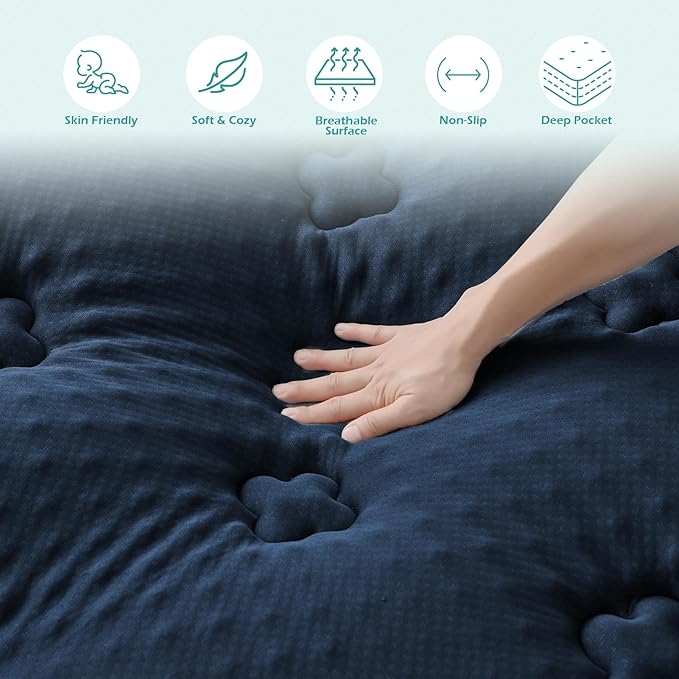Hansleep Full Size Mattress Topper Viscose Derived from Bamboo, Memory Foam Pillow Top Mattress Topper Full with Deep Pocket, Breathable Mattress Pad for Back Pain Relief, 54" x75", Navy Blue