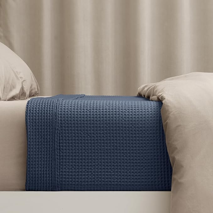 PHF 100% Cotton Waffle Weave Blanket Queen Size for Bed,Snag Proof Lightweight Breathable Moisture-wicking Throw for Couch,Great for Layering in Cold Weather,Machine Washable,Home Decor Gift-Dark Navy