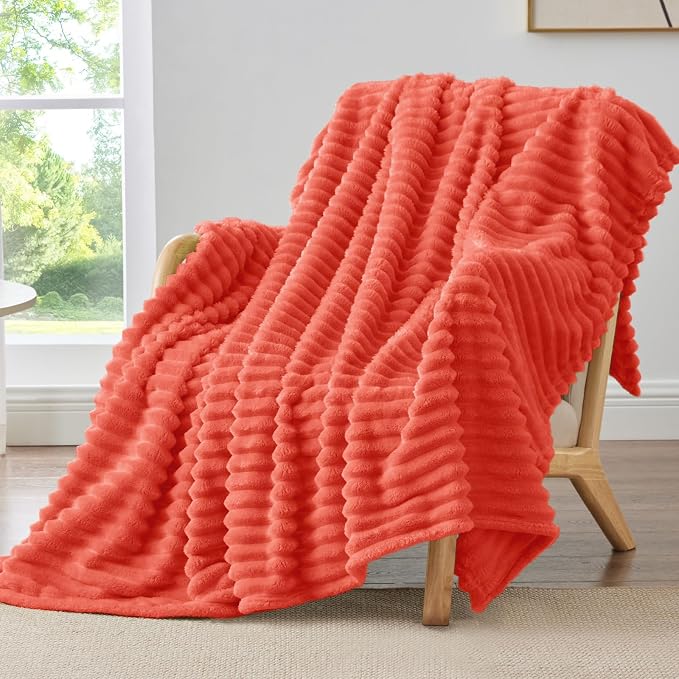 BEDELITE Striped Fleece Throw Blanket, Coral Red, Soft Cozy, Lightweight Warm by BEDELITE