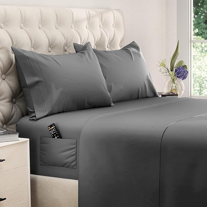 DREAMCARE King Size Sheets Set - Cooling Bed Sheets - 4pcs Set - up to 15" Deep Pocket King Sheet Set – Soft & Long Lasting Cooling - 100% Fine Brushed Polyester with Side Pocket - Dark Gray