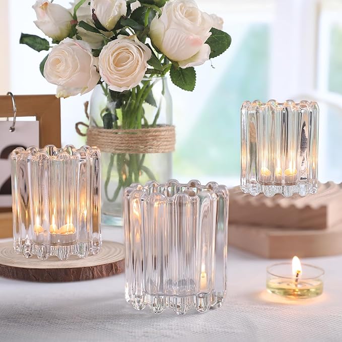 Glass Clear Votive Candle Holder, Ribbed Votive Candle Holders Set of 6, Tealight Candle Holder for Wedding Centerpieces Dinner Party Table Decor