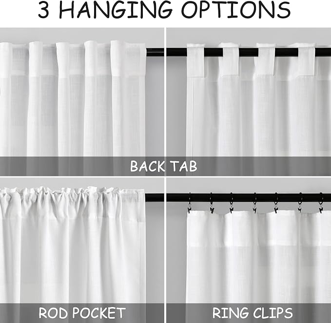 White Linen Extra Long Curtains 121 Inches Long 2 Panels Set Back Tab Curtains - Image 4