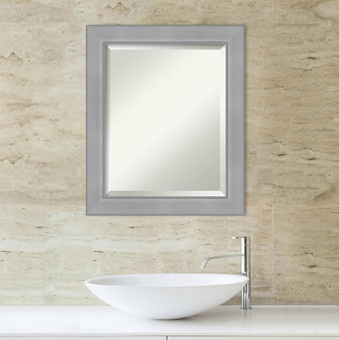 Amanti Art Silver Bathroom Mirror for Over Sink, 24x20 Vista Brushed Nickel Rectangle Vanity Mirror, Small Casual Frame, Hangs Horizonally and Vertically, Bathroom Wall Decor, Beveled Edge