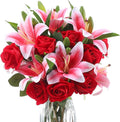 Hotop 20 Pcs Artificial Flowers Velvet Realistic Roses and Latex Lilies Flowers Bouquet Decorations Arrangements for Home Table Centerpieces Independence Day(Pink, Red)