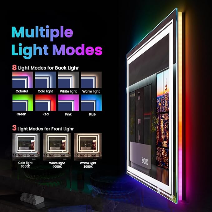LED Mirror for Bathroom, 55"X30" with 8 RGB Backlit +3 Front Lit (Adjustable Individually), Anti-Fog, Large Lighted Bathroom Vanity Mirror for Wall,Shatterproof,Memory Function,Tempered Glass