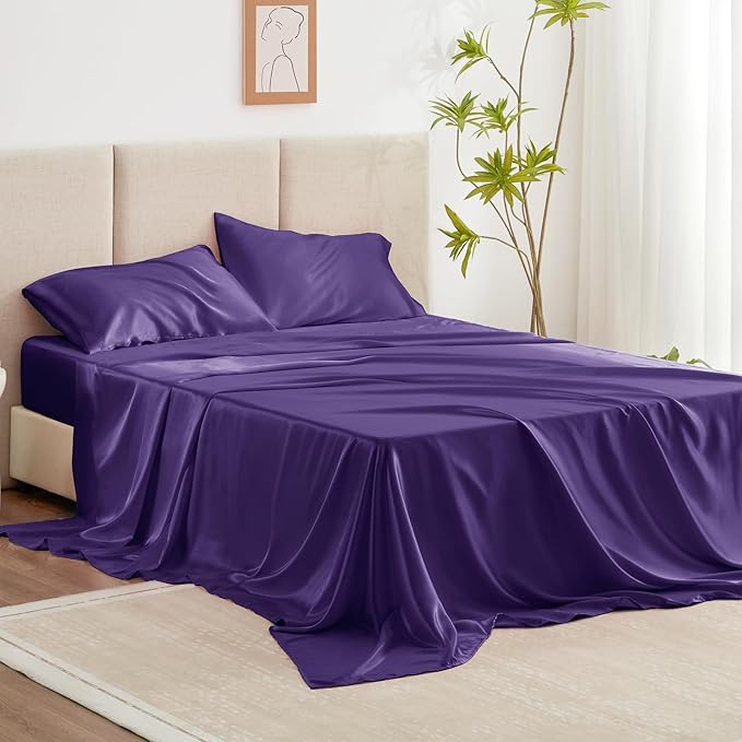 Love's cabin Twin Satin Sheets Sets - 3 Piece Purple Silky Bed Sheets with Deep Pockets, Luxury Silk Feel Satin Twin Size Sheet Set Bedding Set (1 Flat Sheet,1 Fitted Sheet,1 Pillow case)