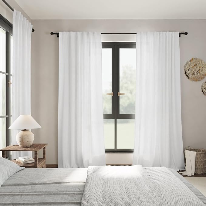 White Linen Curtains 70 Inches Long 2 Panels Set Back Tab Rod Pocket Light - Image 7