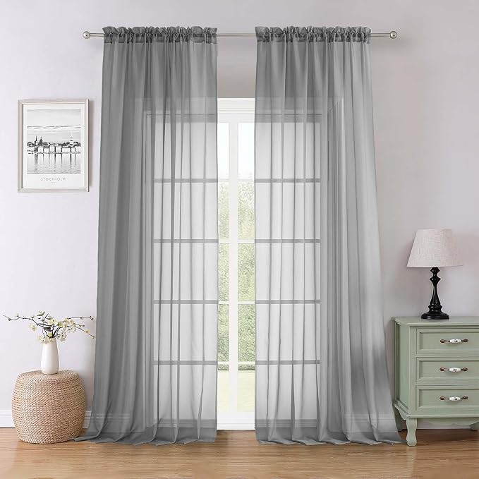 Charcoal Grey Sheer Curtains for Living Room 96 Inches Long 2 Pcs, Airy Solid by Lecloud