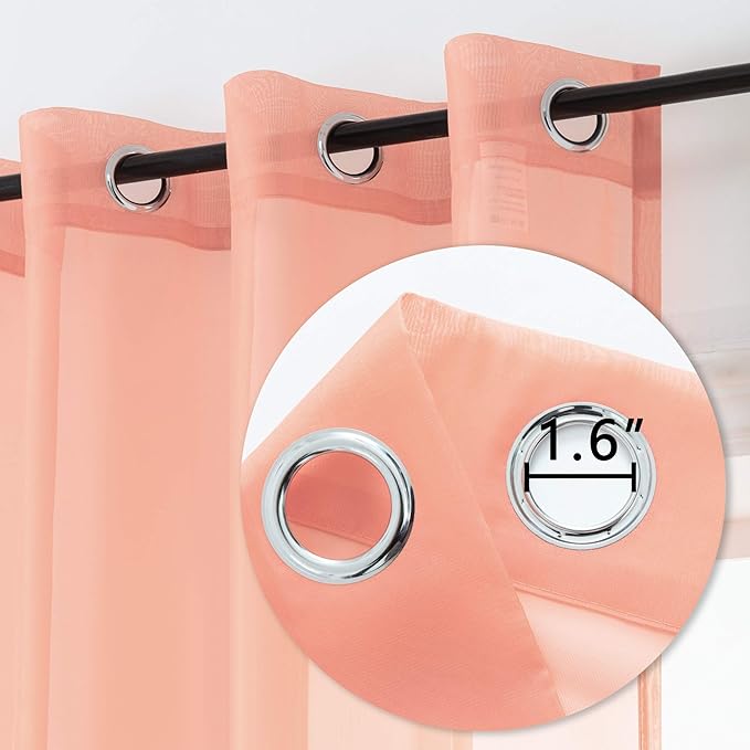 DUALIFE Coral Curtains 63 Inch Length for Girls Bedroom Decor 2 Panels Set Grommet Lightweight Gauzy Drapes Orange Coral Sheer Curtains for Living Room Kids Nursery 52x63 Inches