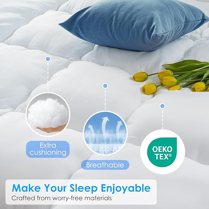 QUEEN ROSE Mattress Topper King, Extra Thick Mattress Pad Cover for Back Pain, Cooling Pillow Top Mattress Bed Topper, Soft Comfort for Firm Mattress, Overfilled Down Alternative, King Size, White