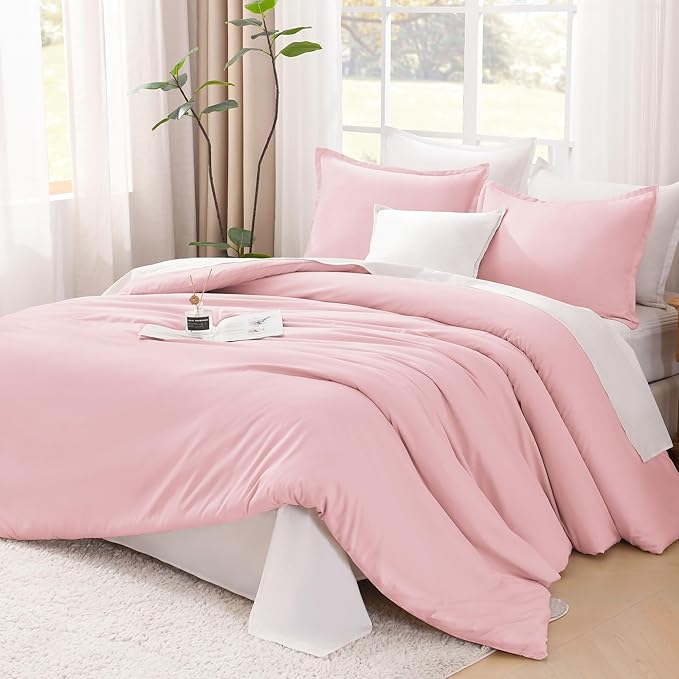 Litanika Comforters Pink Super King Size, 3 Pieces Lightweight Solid Bedding Set & Collections, All Season Fluffy Bed Set (120x120In Comforter & 2 Pillowcases)
