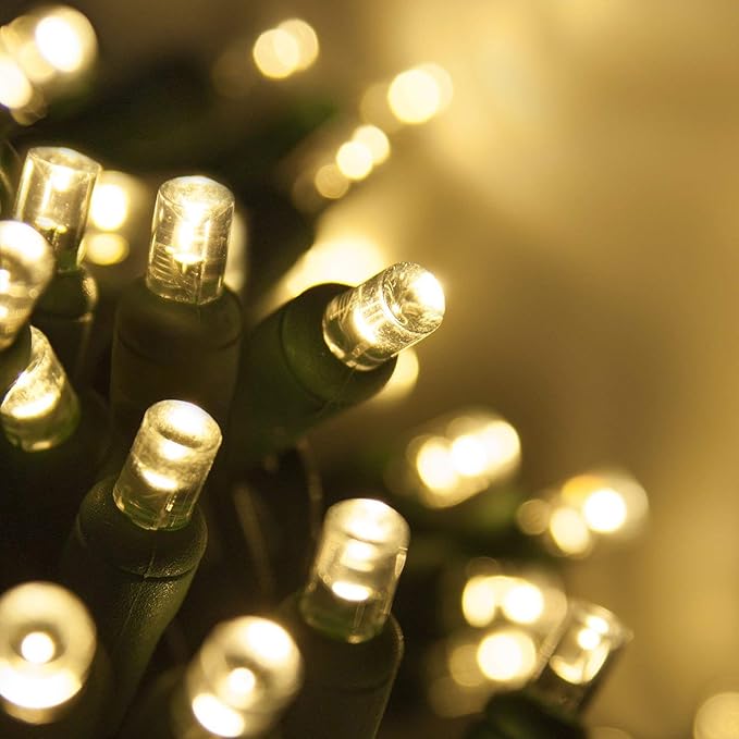 50 Warm White LED Christmas Lights, 25 ft Green Wire Indoor/Outdoor Wide Angle Mini String, Commercial Grade Tree, Party & Holiday Lighting, 6" Spacing, 5mm