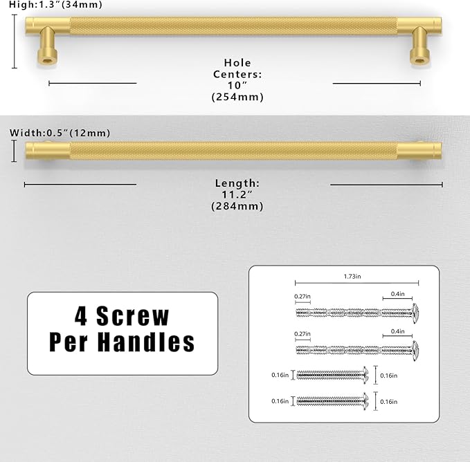 10 Pack Brushed Gold Knurled Cabinet Pulls 10 Inch(254mm) Kitchen Cabinet Handles Solid Zinc Alloy Cabinet Hardware Drawer Pulls