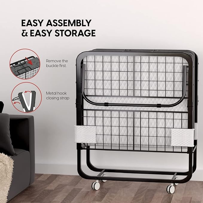 EconoHome Folding Bed with Mattress - 75x38 Twin Size Frame - Portable Rollaway Guest Bed with 5-inch Memory Foam Mattress - Space-Saving Foldable Design for Easy Storage