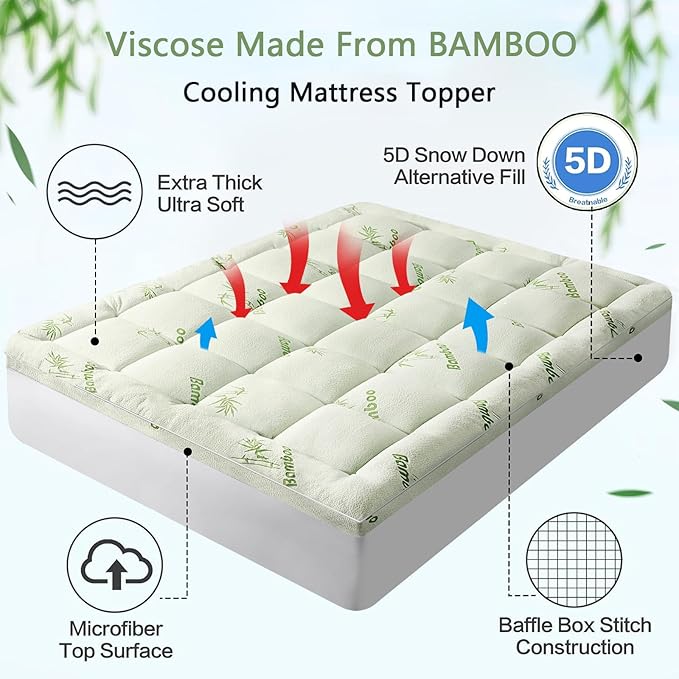 Premium Viscose Made from Bamboo Twin XL Size Mattress Topper for Back Pain, 1200 GSM Quilted Fitted Extra Thick Mattress Pad,Pillow Top Mattress Cover with Deep Pocket Up to 21 Inches（39 * 80inch）