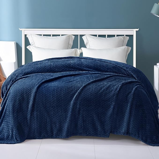 Exclusivo Mezcla Fleece Queen Size Blanket for Bed, 90x90 Inches Soft Cozy Jacquard Flannel Blankets, Lightweight Fuzzy Plush Warm for Winter, Navy Blue
