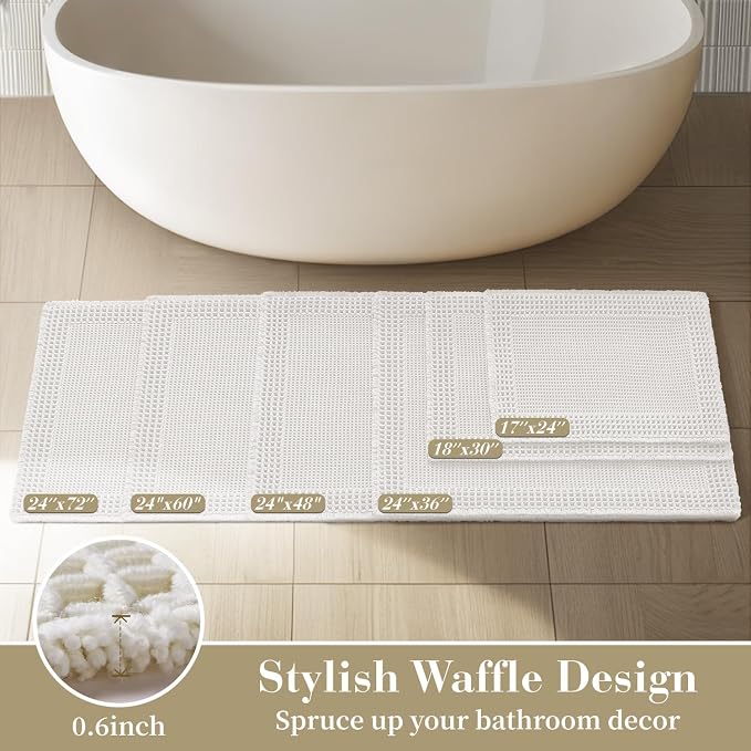 RESARE Waffle Bathroom Runner Rugs, Non Slip Boho Bath Mat 24"x48" White | Long - Image 5