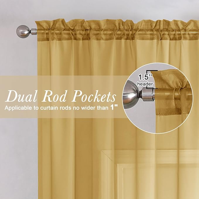 Gold Sheer Curtains 96 Inches Long 2 Panels, Breathable Solid Voile Light - Image 2