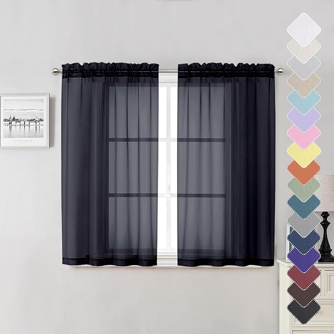 Black Sheer Curtains 45 Inch Long 2 Panels, Short Voile Drapes by Lecloud