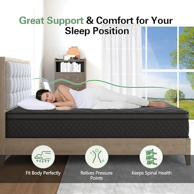 Queen Mattress, Hybrid Mattresses 10 Inch Euro Top Medium Firm for Back & Lumbar Support, 100 Night Trial, Individual Pocket Spring Bed for Motion Isolation & Pressure Relief Black