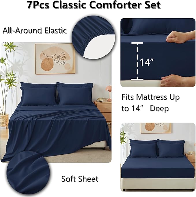 CozyLux Oversized King Comforter Set Navy Blue, 7 Pieces Bed in a Bag Comforter Set with Sheets Luxury Bed Set for All Seasons, Bedding Set with Down Alternative Comforter, Sheets, Pillowcases & Shams