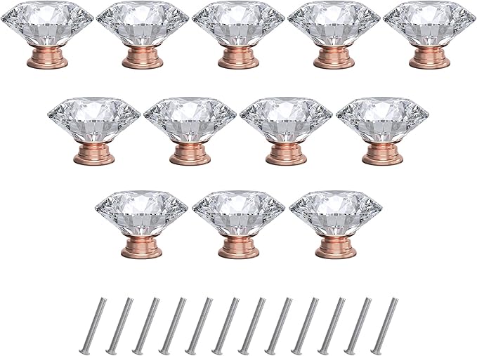 12-Pack Crystal Glass Cabinet Knobs for Home Decor, Vanity Drawers, Desks, Wardrobe Doors, Standard Screws Easy Installation for Home Refurbishment and Redecoration (Clear Crystal, 30mm, Pink Base)
