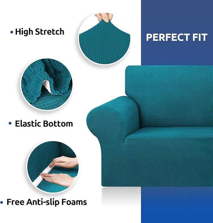 Stretch Loveseat Couch Cover, 2 Cushion Couch Slipcover, Peacock Blue | 1-Piece - Image 6