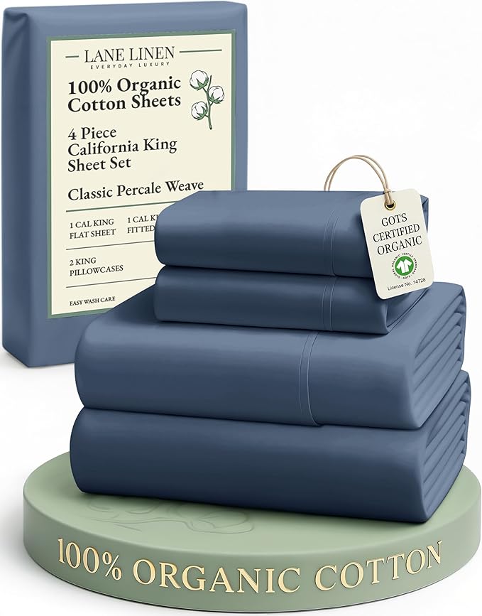 LANE LINEN 100% Organic Cotton Sheets for California King Size Bed - Soft Percale Sheets, Breathable Luxury Hotel Style Fully Elasticized Mercerized 15" Deep Pocket Cal King Sheet Set- Estate Blue