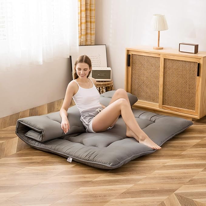 MAXYOYO Japanese Floor Mattress Futon Mattress, 4" Thicken Tatami Mat Sleeping Pad Foldable Roll Up Mat Boys Girls Dormitory Pad Kids Floor Lounger Pillow Bed, Charcoal Grey, Full Size