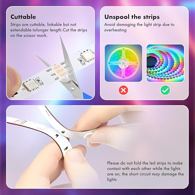 Led Lights for Bedroom, IC+RGB 130FT (2 Rolls of 65ft) Strip Lights, 24Key Remote with App Control, Music Sync Color Changing for Room Decor Party