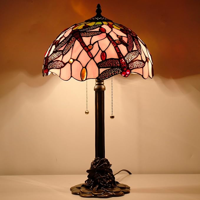 Tiffany Stained Glass Table Lamp 12X12X21Inch Resin Base Desk Bedroom Living Room Reading Light (Pink Dragonfly)